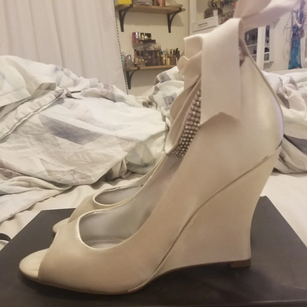 Nina Ivory Satin Wedge Peep-Toe with Rhinestone Ankle Strap